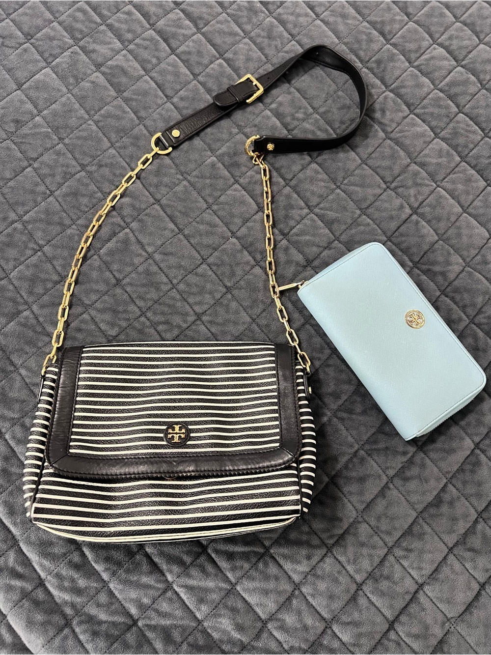 Tory Burch Crossbody Bag Purse Viva Striped & Wallet Black Leather Chain Strap